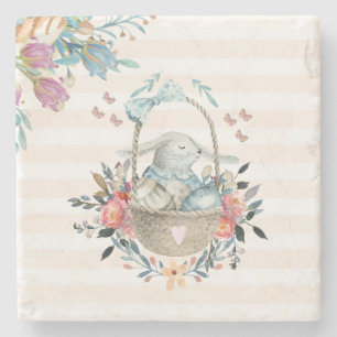 Cute Bunny in a basket with Eggs & Pretty Flowers Stone Coaster