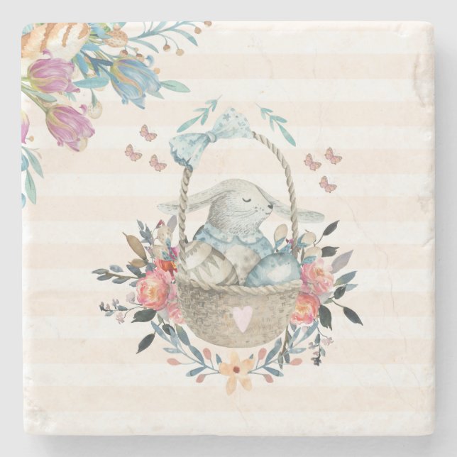 Cute Bunny in a basket with Eggs & Pretty Flowers Stone Coaster (Front)