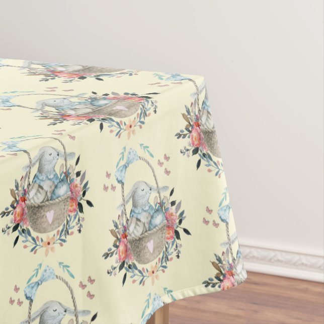 Cute Bunny in a basket with Eggs & Pretty Flowers Tablecloth (In Situ)
