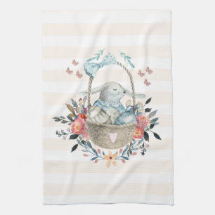 Cute Bunny in a basket with Eggs & Pretty Flowers Tea Towel
