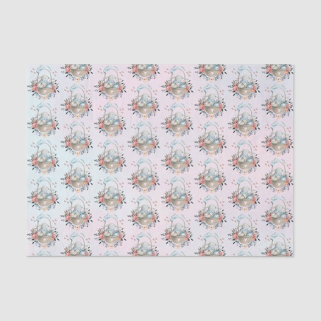 Cute Bunny in a basket with Eggs & Pretty Flowers Tissue Paper (Front)