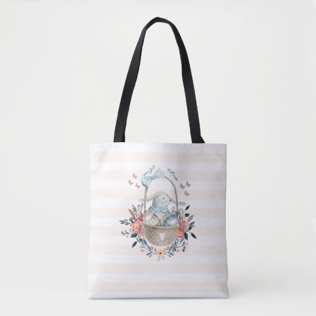 Cute Bunny in a basket with Eggs & Pretty Flowers Tote Bag (Front)