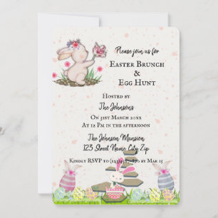Cute Bunny in a Beige Texture Minimal Easter Invitation