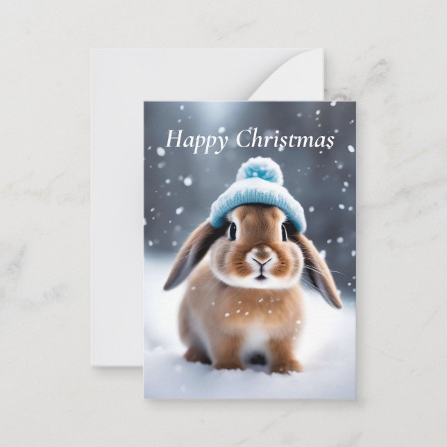 Cute Bunny in a Bobble Hat OWN ART Christmas Card (Front)