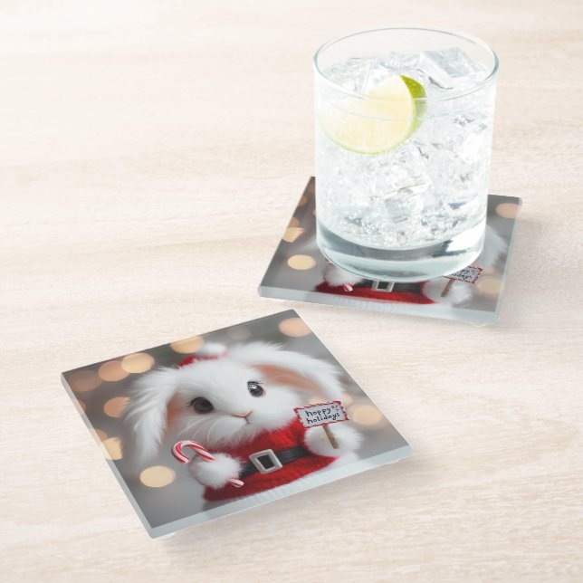 Cute bunny in a Christmas costume Glass Coaster (Angled)