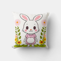 Cute Bunny in a Dress Surrounded by Flowers Cushion