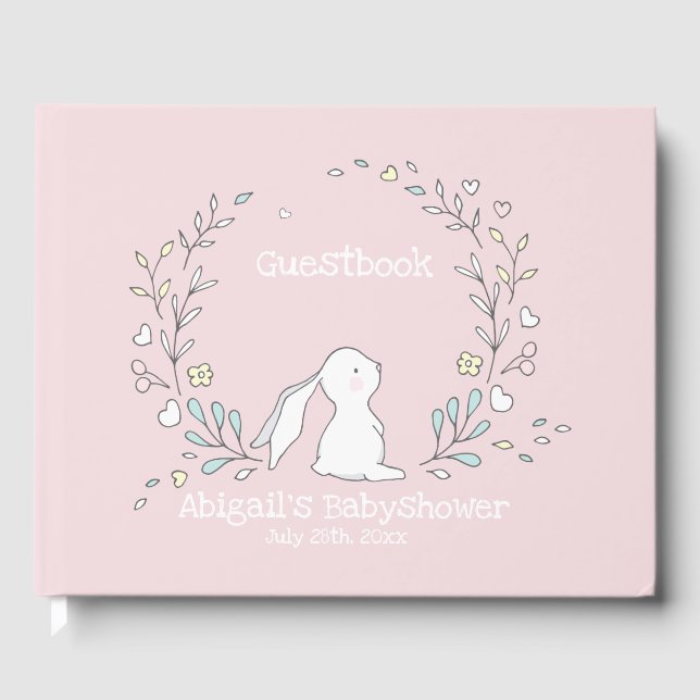 Cute Bunny in a Wreath, Blush Pink Babyshower Guest Book (Front)