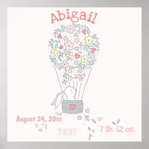 Cute bunny in air balloon  Birth Stats Nursery Art Poster
