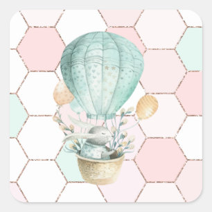 Cute Bunny In Air Balloon   Hexagon Pattern Square Sticker