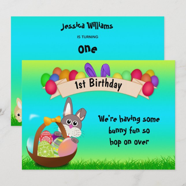 Cute Bunny In Basket Easter 1st Birthday Invitation (Front/Back)
