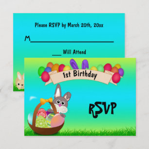 Cute Bunny In Basket Easter 1st Birthday RSVP Invitation