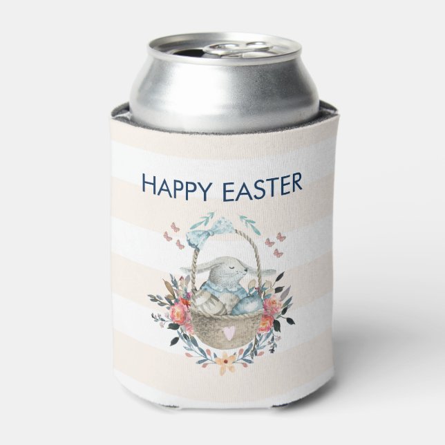 Cute Bunny in Basket & Pretty Florals Happy Easter Can Cooler (Can Front)