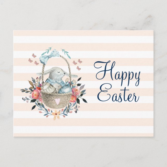Cute Bunny in Basket & Pretty Florals Happy Easter Holiday Postcard (Front)
