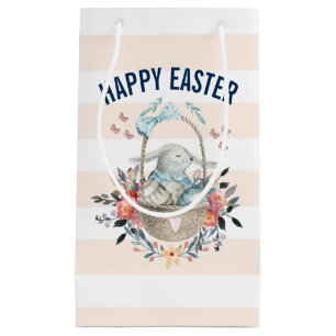 Cute Bunny in Basket & Pretty Florals Happy Easter Small Gift Bag