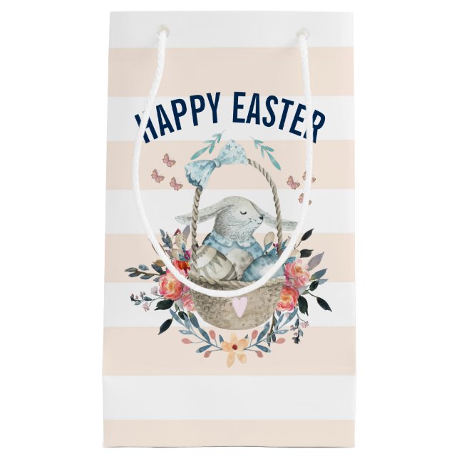 Cute Bunny in Basket & Pretty Florals Happy Easter Small Gift Bag (Front)