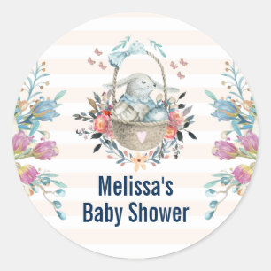 Cute Bunny in Basket & Tulip Florals Baby Shower Classic Round Sticker