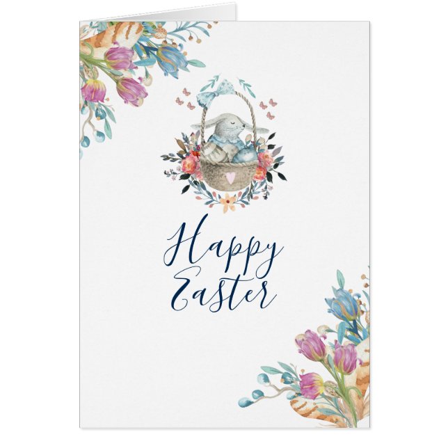 Cute Bunny in Basket & Tulip Florals Happy Easter (Front)