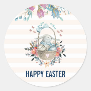 Cute Bunny in Basket & Tulip Florals Happy Easter Classic Round Sticker