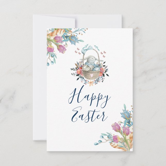 Cute Bunny in Basket & Tulip Florals Happy Easter Invitation (Front)