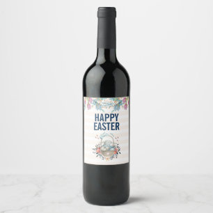 Cute Bunny in Basket & Tulip Florals Happy Easter Wine Label