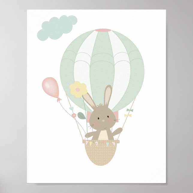 Cute Bunny In Blue Hot Air Balloon Nursery Poster  (Front)