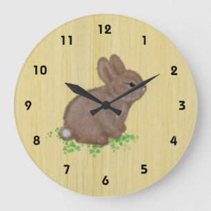 Cute Bunny in Clover with Wood Background Large Clock