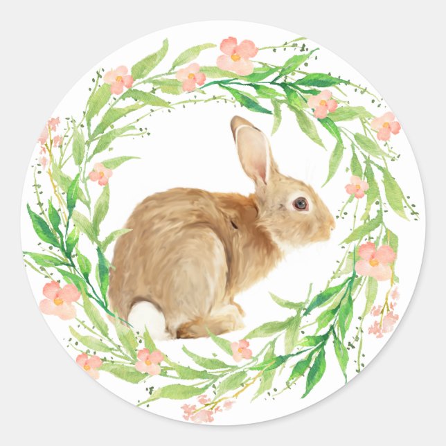 Cute Bunny in Floral Wreath Classic Round Sticker (Front)