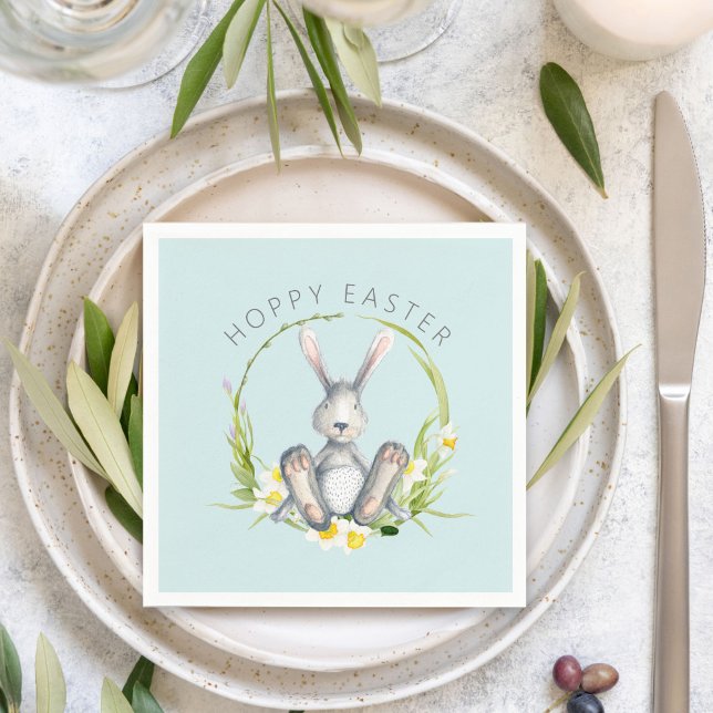 Cute Bunny in Floral Wreath Hoppy Easter Napkin (Creator Uploaded)