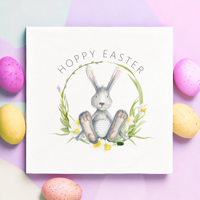 Cute Bunny in Floral Wreath Hoppy Easter Napkin (Creator Uploaded)