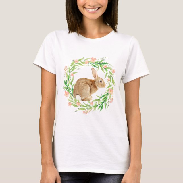 Cute Bunny in Floral Wreath T-Shirt (Front)