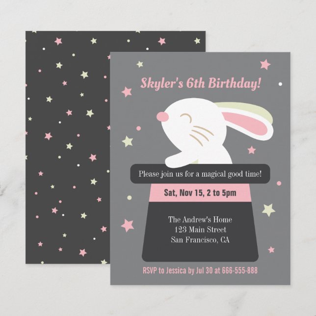Cute Bunny in Magic Hat Stars Kids Birthday Party Invitation (Front/Back)