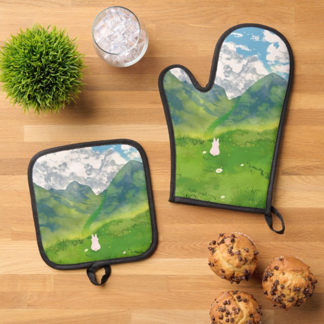 Cute Bunny in Mountain View Oven Mitt & Pot Holder Set (Top Down)