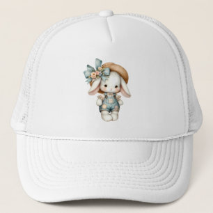 Cute Bunny in Overalls with Straw Hat & Bow