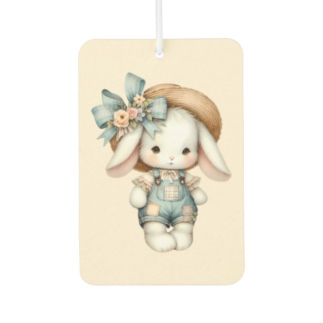 Cute Bunny in Overalls with Straw Hat & Bow Car Air Freshener (Front)