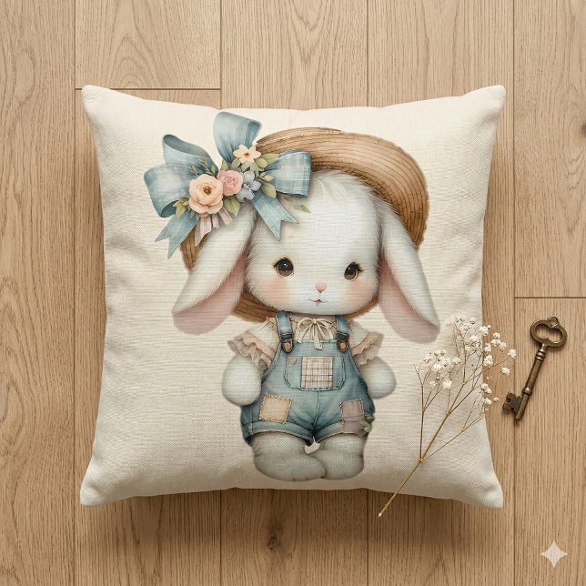 Cute Bunny in Overalls with Straw Hat & Bow Cushion (Cute Bunny in Overalls with Straw Hat & Bow Throw Pillow Mockup D)