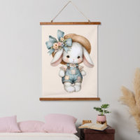 Cute Bunny in Overalls with Straw Hat & Bow