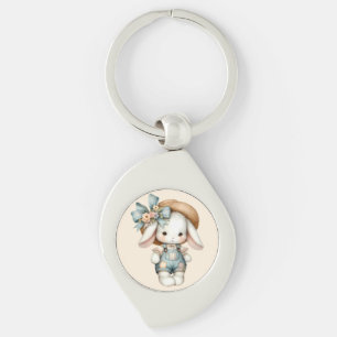 Cute Bunny in Overalls with Straw Hat & Bow Key Ring