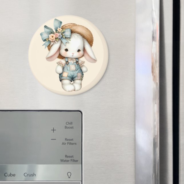 Cute Bunny in Overalls with Straw Hat & Bow Magnet (In Situ (Fridge))