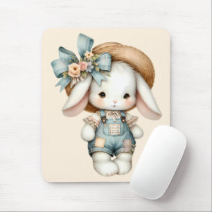 Cute Bunny in Overalls with Straw Hat & Bow Mouse Mat