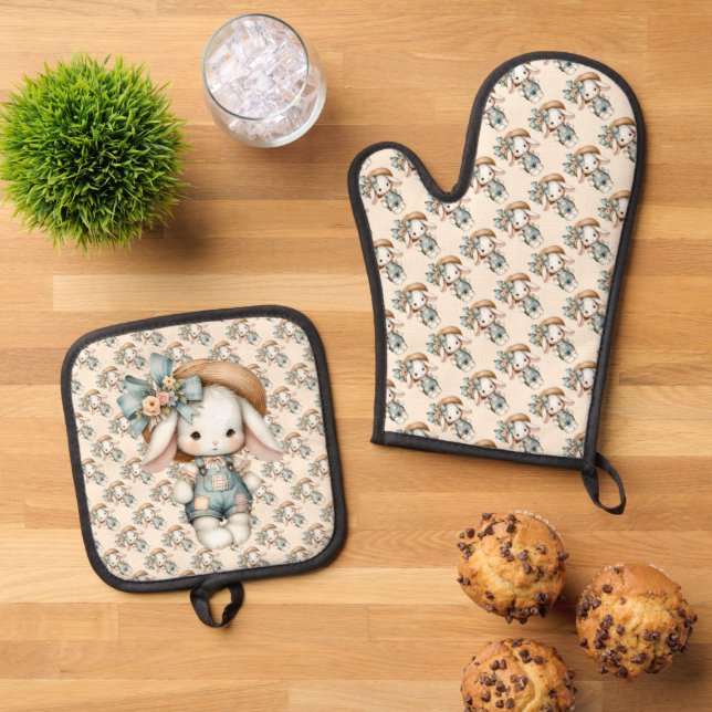 Cute Bunny in Overalls with Straw Hat & Bow Oven Mitt & Pot Holder Set (Top Down)