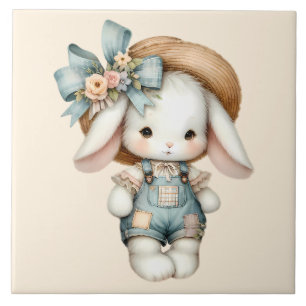 Cute Bunny in Overalls with Straw Hat & Bow Tile