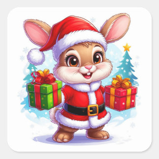 Cute Bunny In Santa Suit Holding Christmas Present Square Sticker