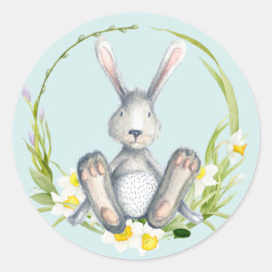 Cute Bunny in Spring Floral Wreath Blue Classic Round Sticker