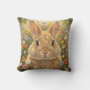 Cute Bunny in Vibrant Flower Meadow Cushion