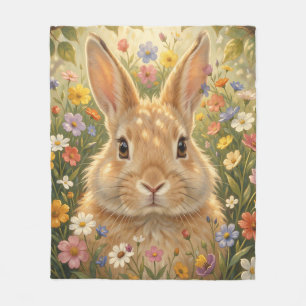 Cute Bunny in Vibrant Flower Meadow Fleece Blanket