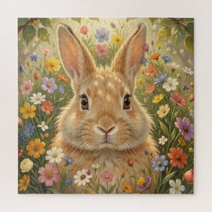 Cute Bunny in Vibrant Flower Meadow Jigsaw Puzzle