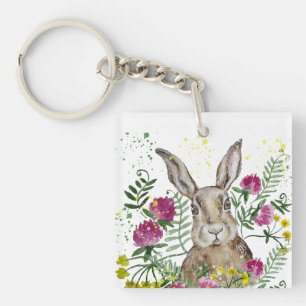 Cute bunny in watercolor flowers accent pillow key ring