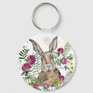 Cute bunny in watercolor flowers key ring
