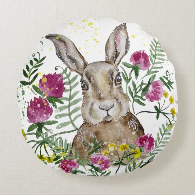 Cute bunny in watercolor flowers round cushion (Front)
