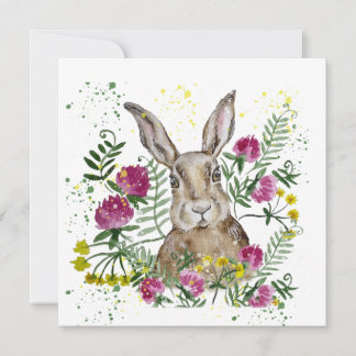 Cute bunny in watercolor flowers thank you card